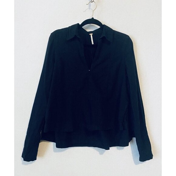 Free People Top Womens Small V Neck Long Sleeve Button Cuff Linen Cotton Blue - Picture 1 of 7